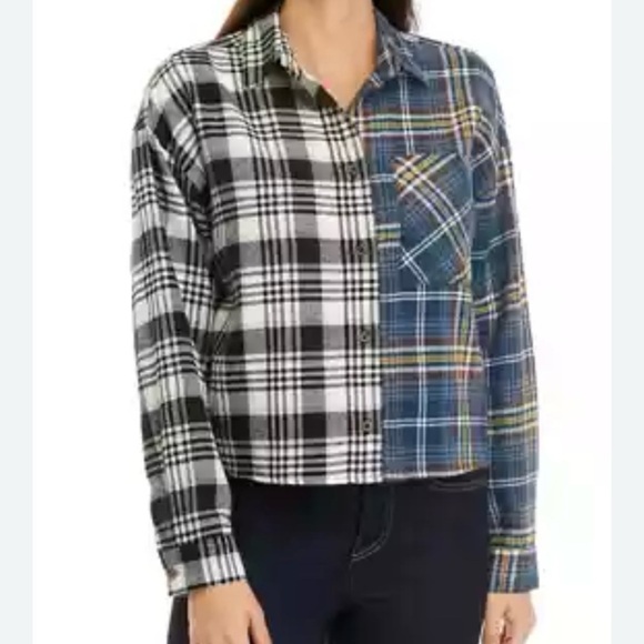 Planet Gold women's Medium mixed plaid cropped boxy flannel shirt long sleeve - Picture 1 of 6